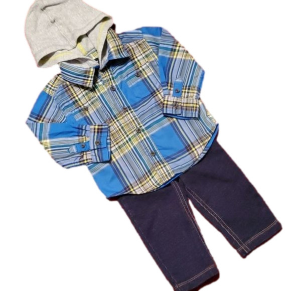 Carter's Plaid Button Down Hoodie Shirt & Elastic Waist Pants Sz 9M - Picture 1 of 12